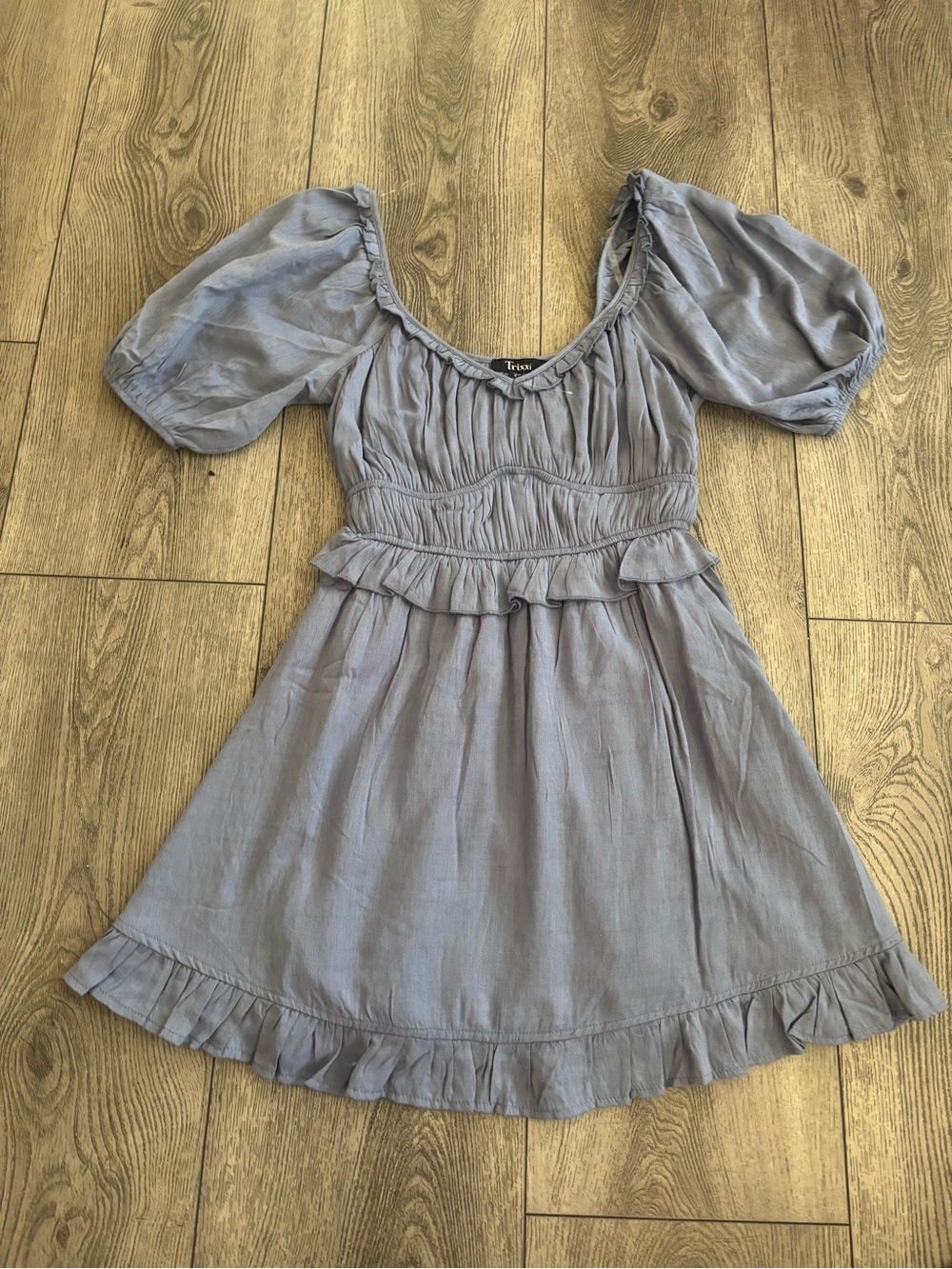 Trixxi Dusty Blue Puff Sleeve Ruffle Dress